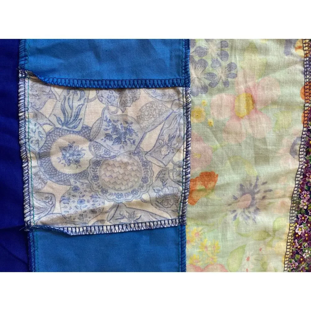 Handmade 90s Patchwork Quilt Top 100x68 Blue Purple Floral Cotton Strip Pieced